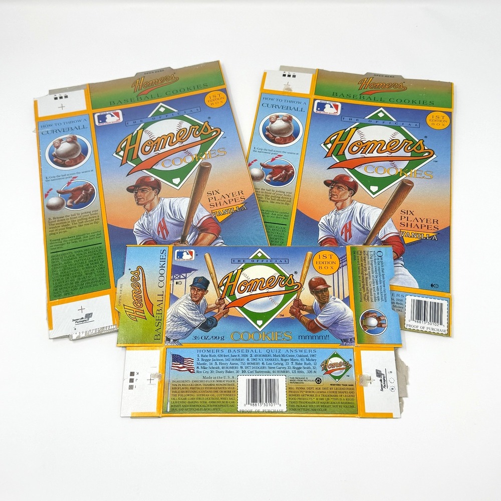 Homers 1990 MLB Baseball Cookies Empty Boxes First Edition Flattened Lot of 5‎